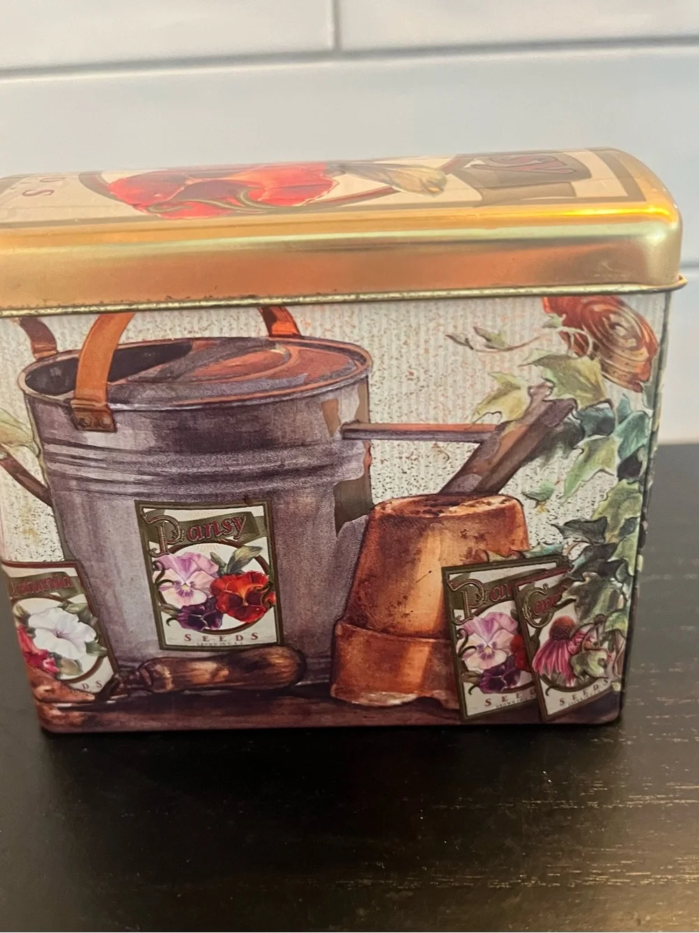 Decorative Garden Pansy Seeds Tin Storage Box - Gold and Brown